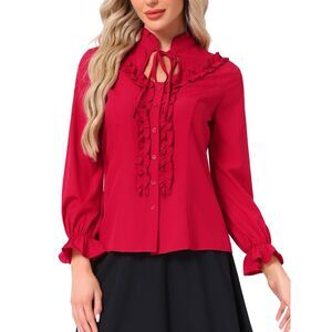 Victorian Vintage Ruffled Long Sleeve Button Up Gothic Shirt Dark Red